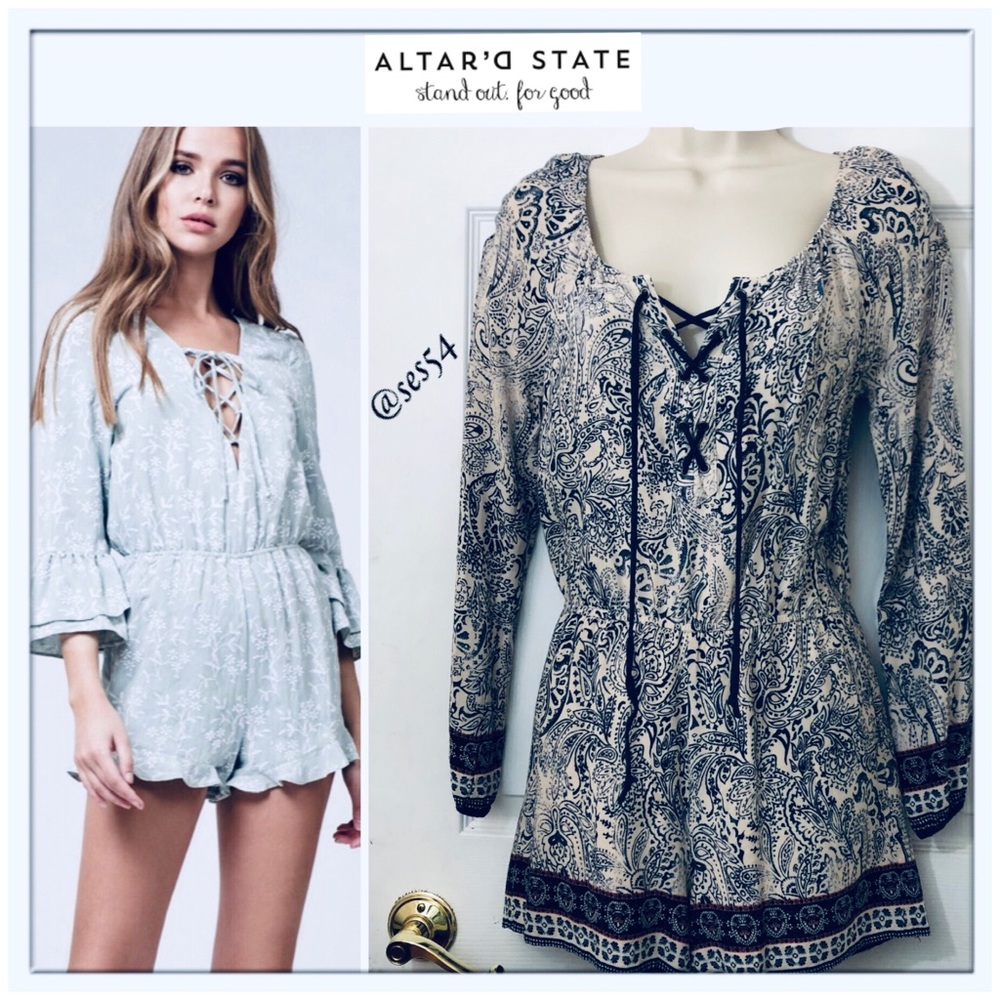 Altar’d States Blue & off white paisley Romper